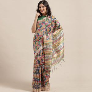 Gleaming Beige-Multi Colored Casual Wear Floral Printed Silk Blend Saree With Tassels
