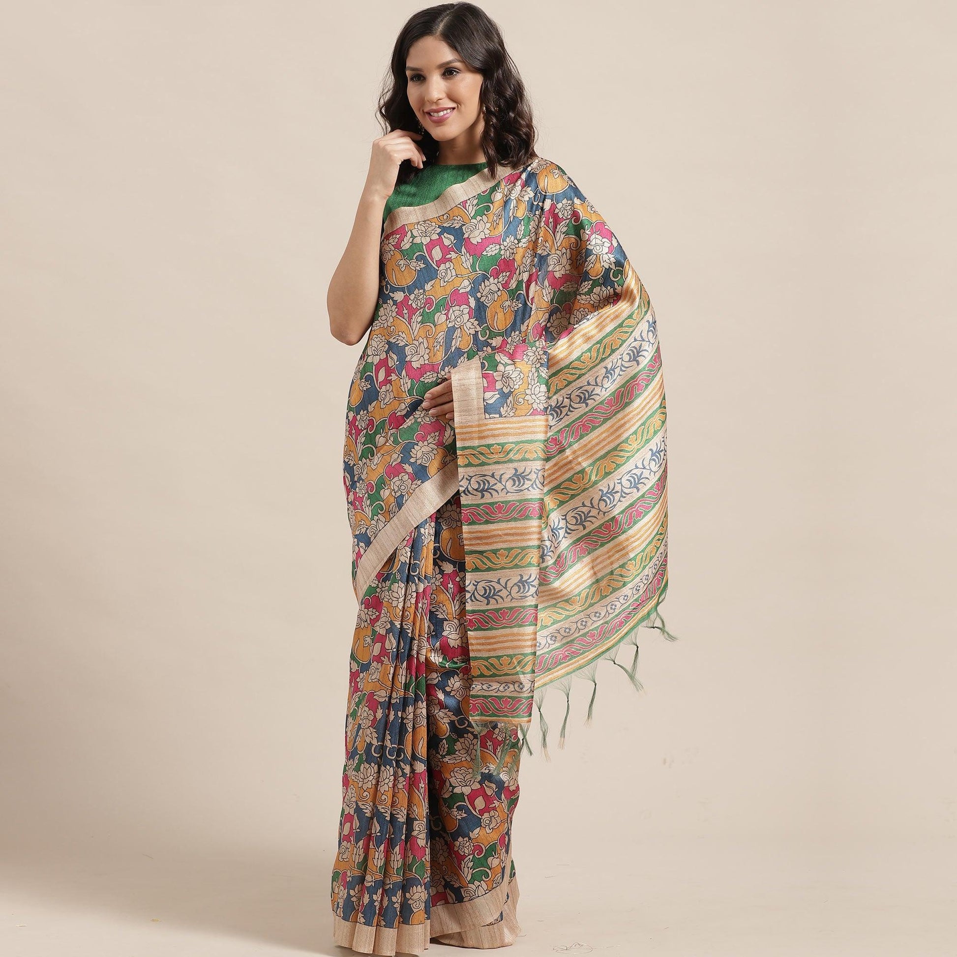 Gleaming Beige-Multi Colored Casual Wear Floral Printed Silk Blend Saree With Tassels