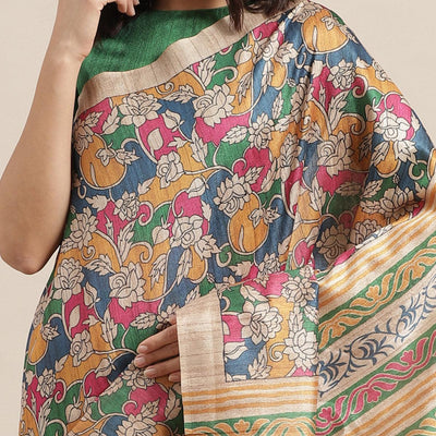 Gleaming Beige-Multi Colored Casual Wear Floral Printed Silk Blend Saree With Tassels