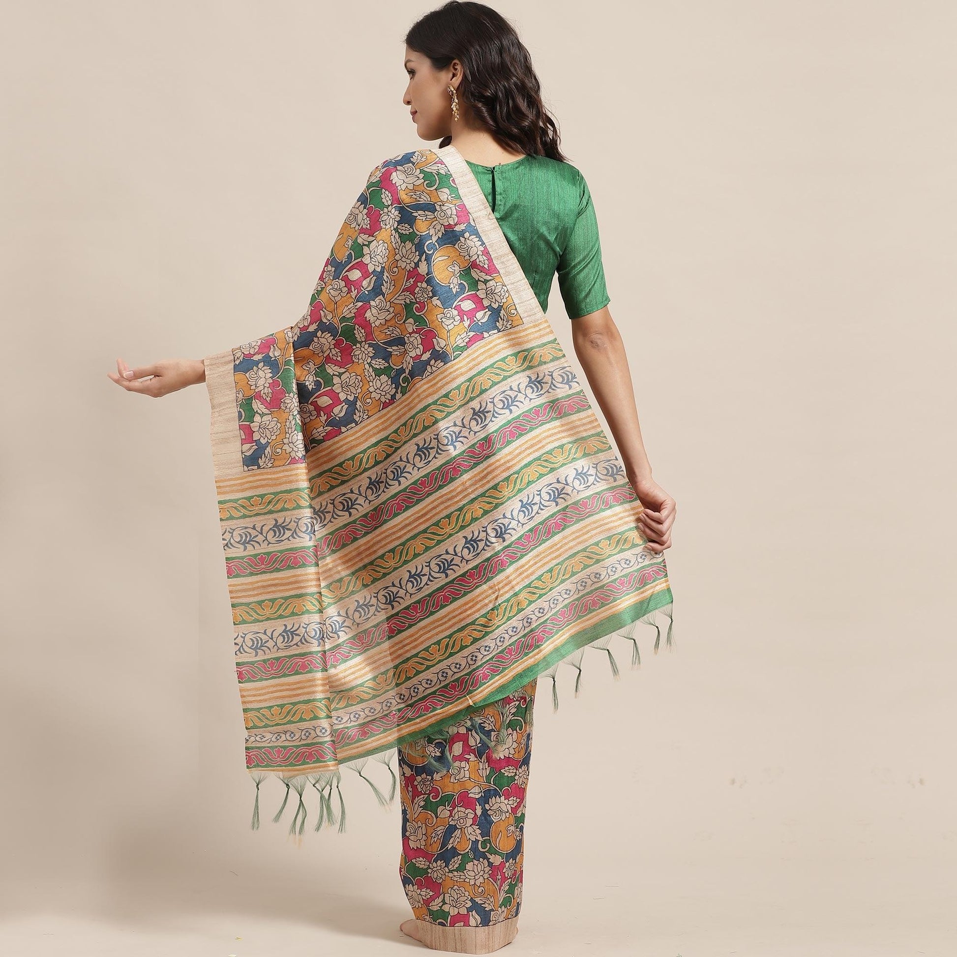 Gleaming Beige-Multi Colored Casual Wear Floral Printed Silk Blend Saree With Tassels