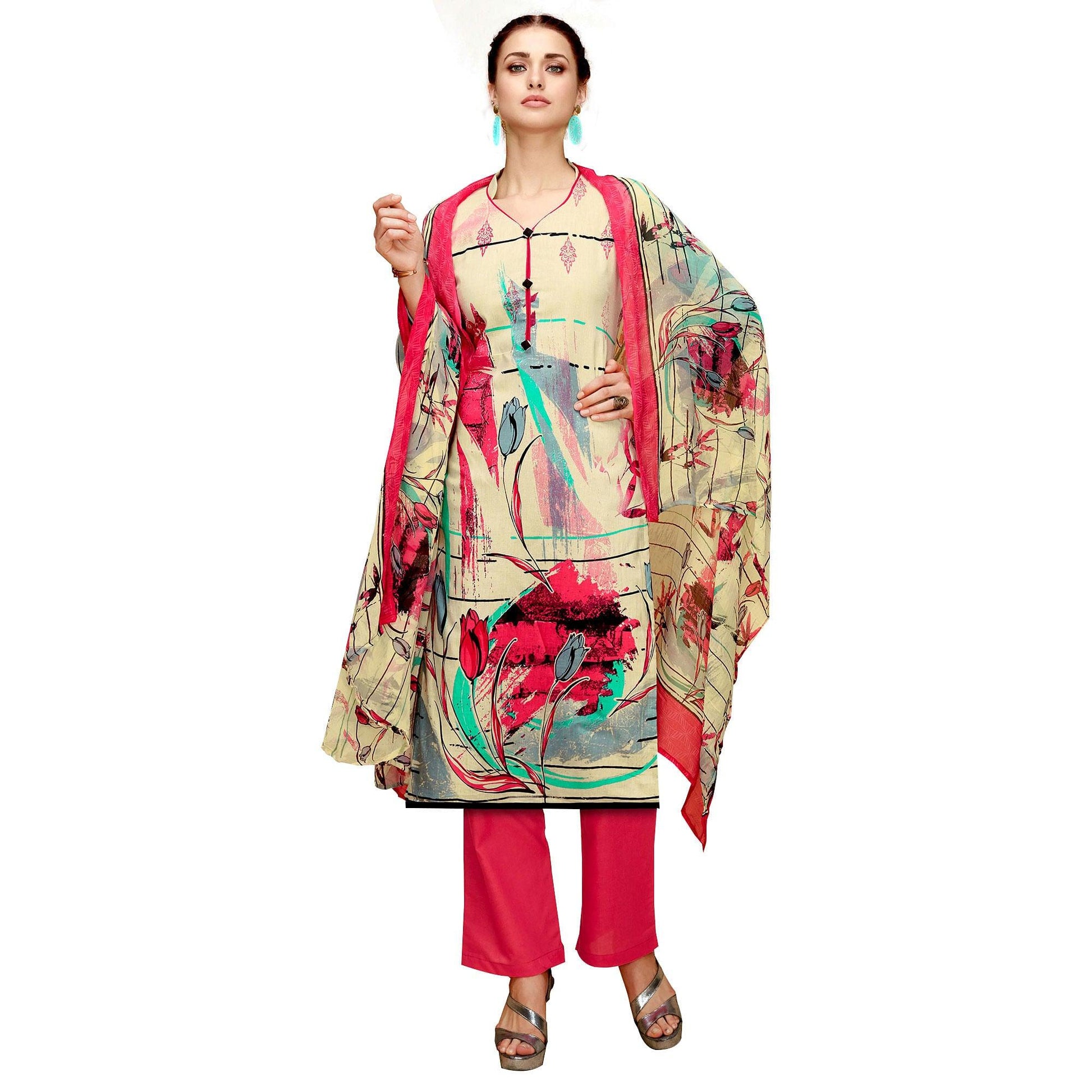 Gleaming Beige-Red Colored Casual Printed Cotton Dress Material