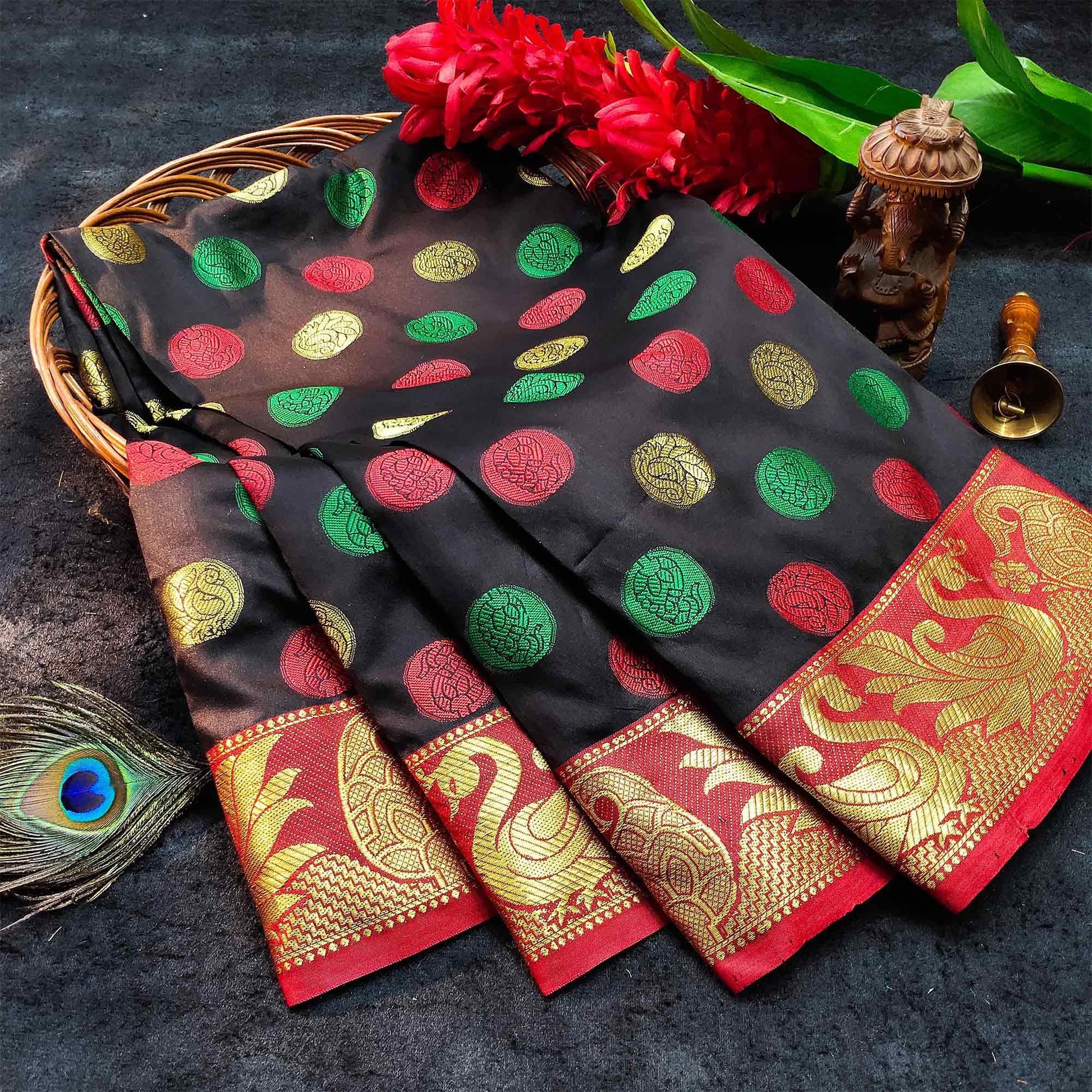 Gleaming Black Colored Festive Wear Woven Kanjivaram Silk Saree