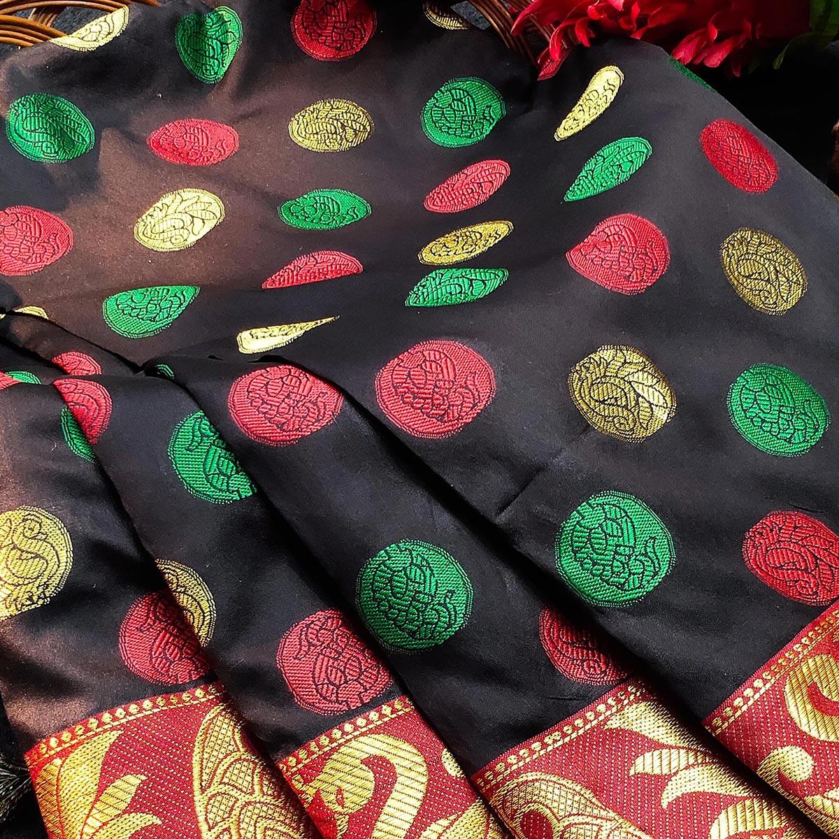 Gleaming Black Colored Festive Wear Woven Kanjivaram Silk Saree