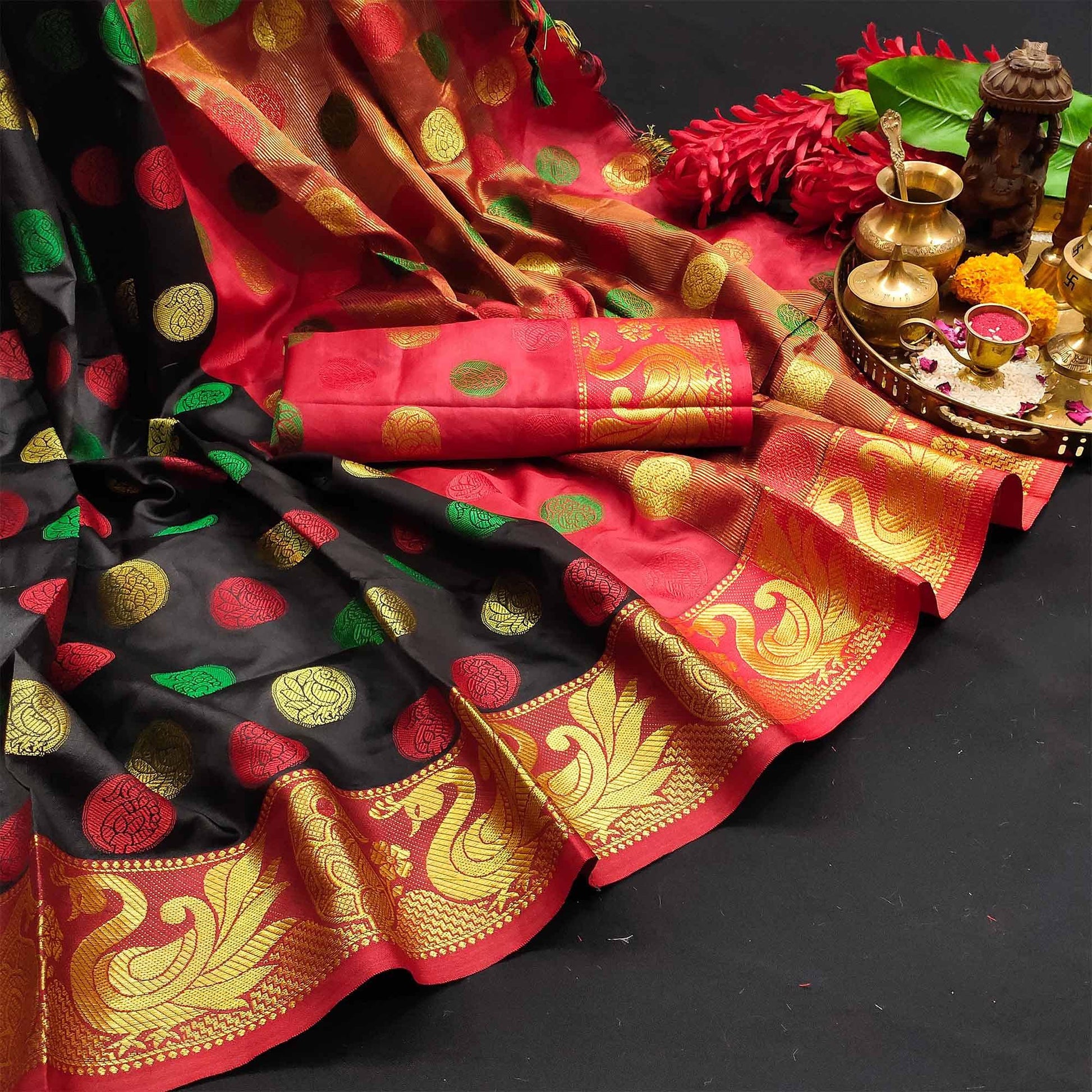 Gleaming Black Colored Festive Wear Woven Kanjivaram Silk Saree