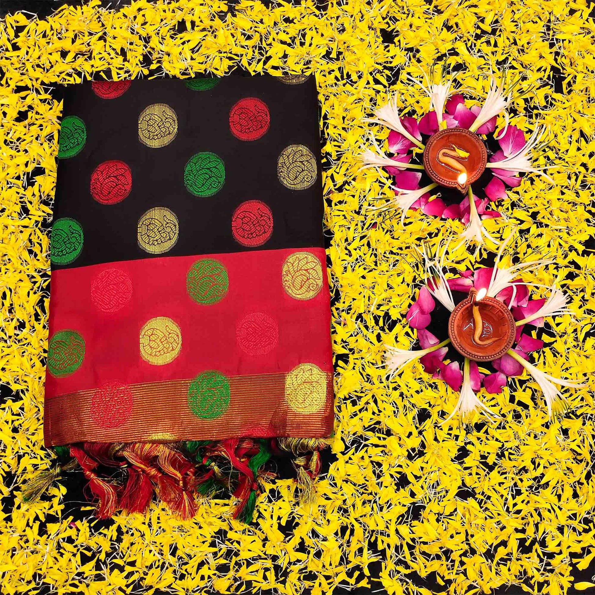 Gleaming Black Colored Festive Wear Woven Kanjivaram Silk Saree