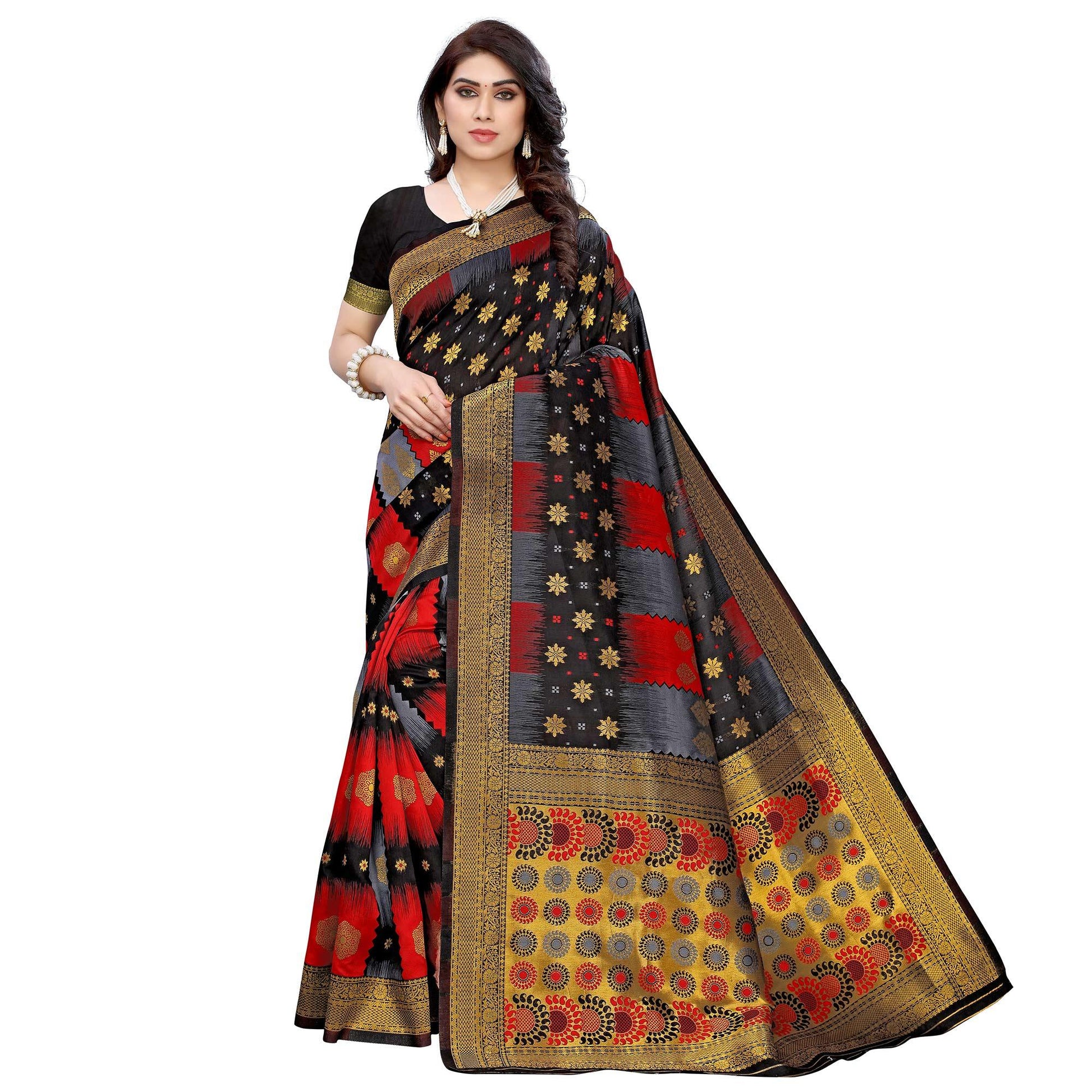 Gleaming Black - Red Colored Festive Wear Woven Jacquard Saree