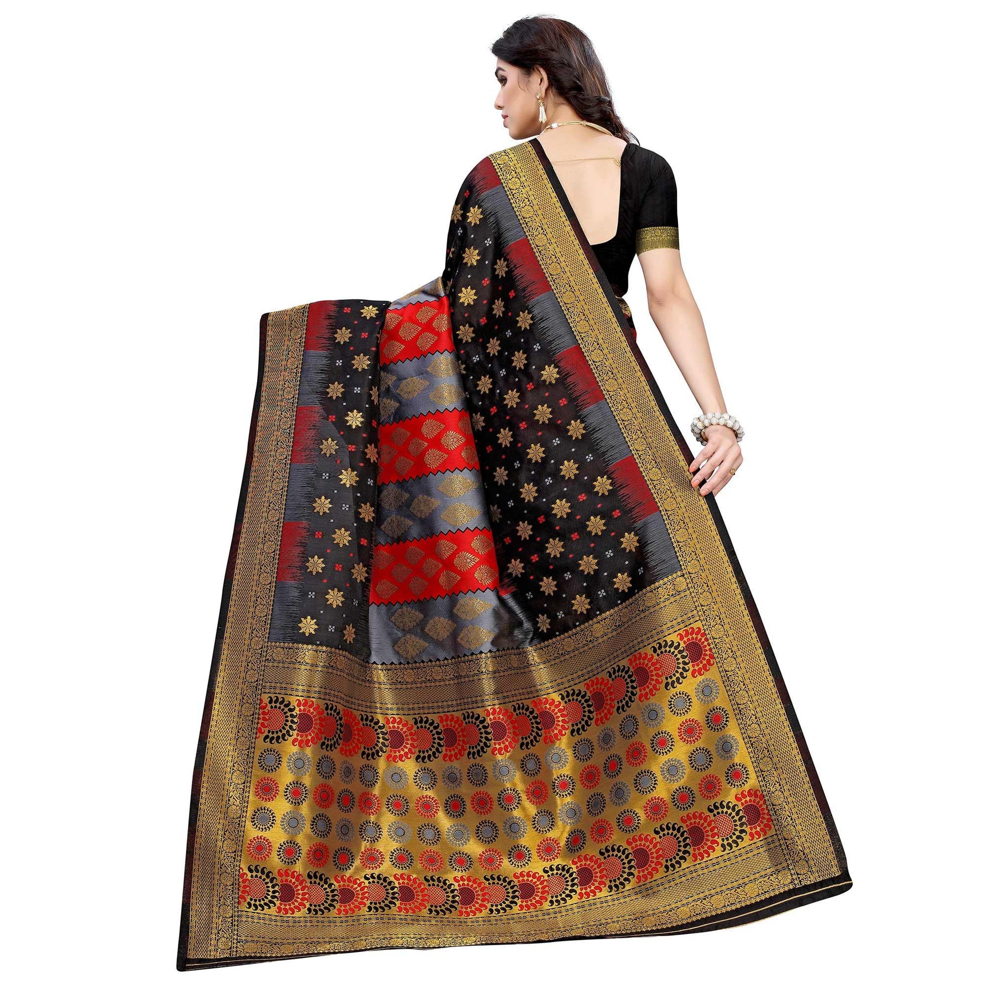 Gleaming Black - Red Colored Festive Wear Woven Jacquard Saree