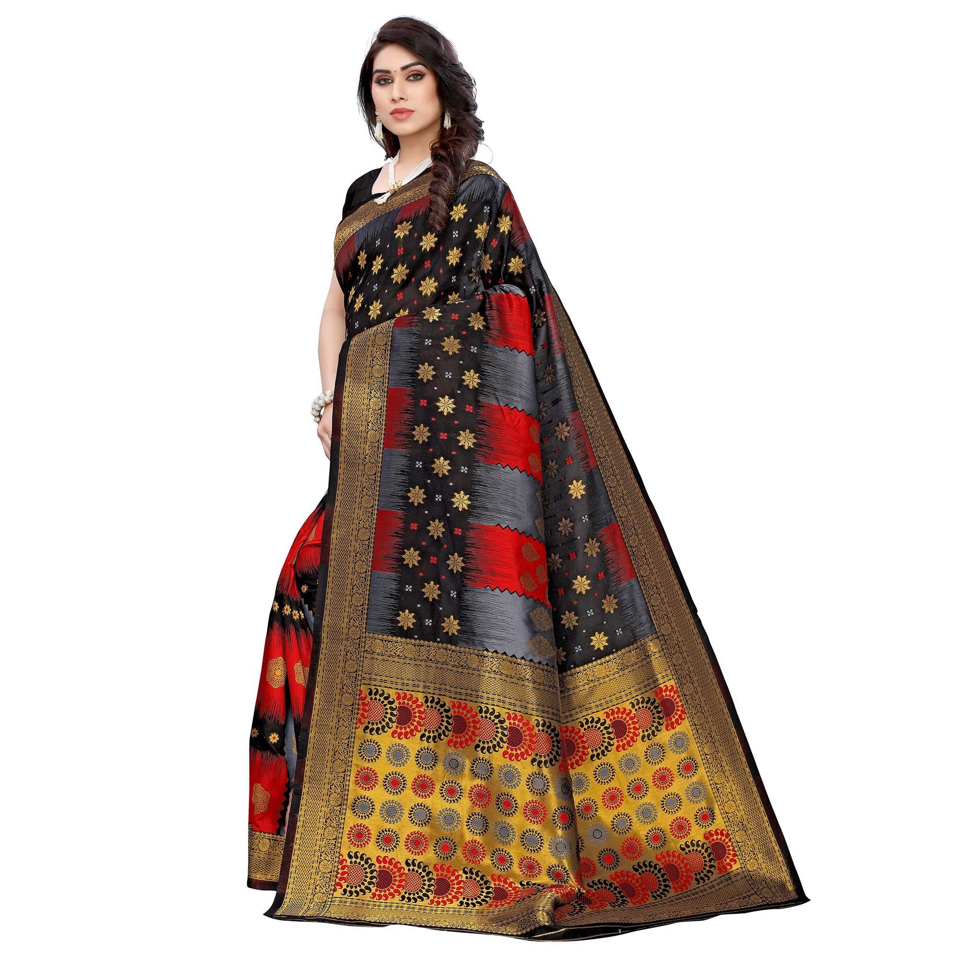 Gleaming Black - Red Colored Festive Wear Woven Jacquard Saree
