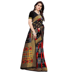 Gleaming Black - Red Colored Festive Wear Woven Jacquard Saree