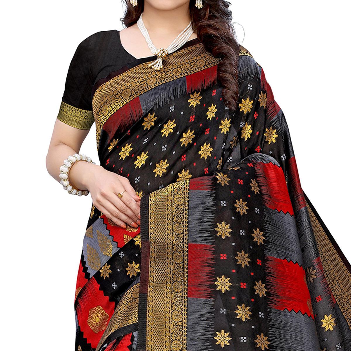 Gleaming Black - Red Colored Festive Wear Woven Jacquard Saree