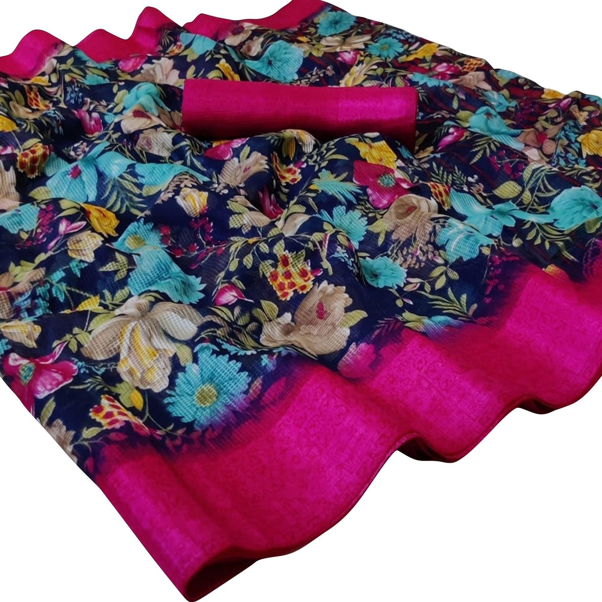 Gleaming Blue Colored Casual Wear Floral Printed Silk Saree