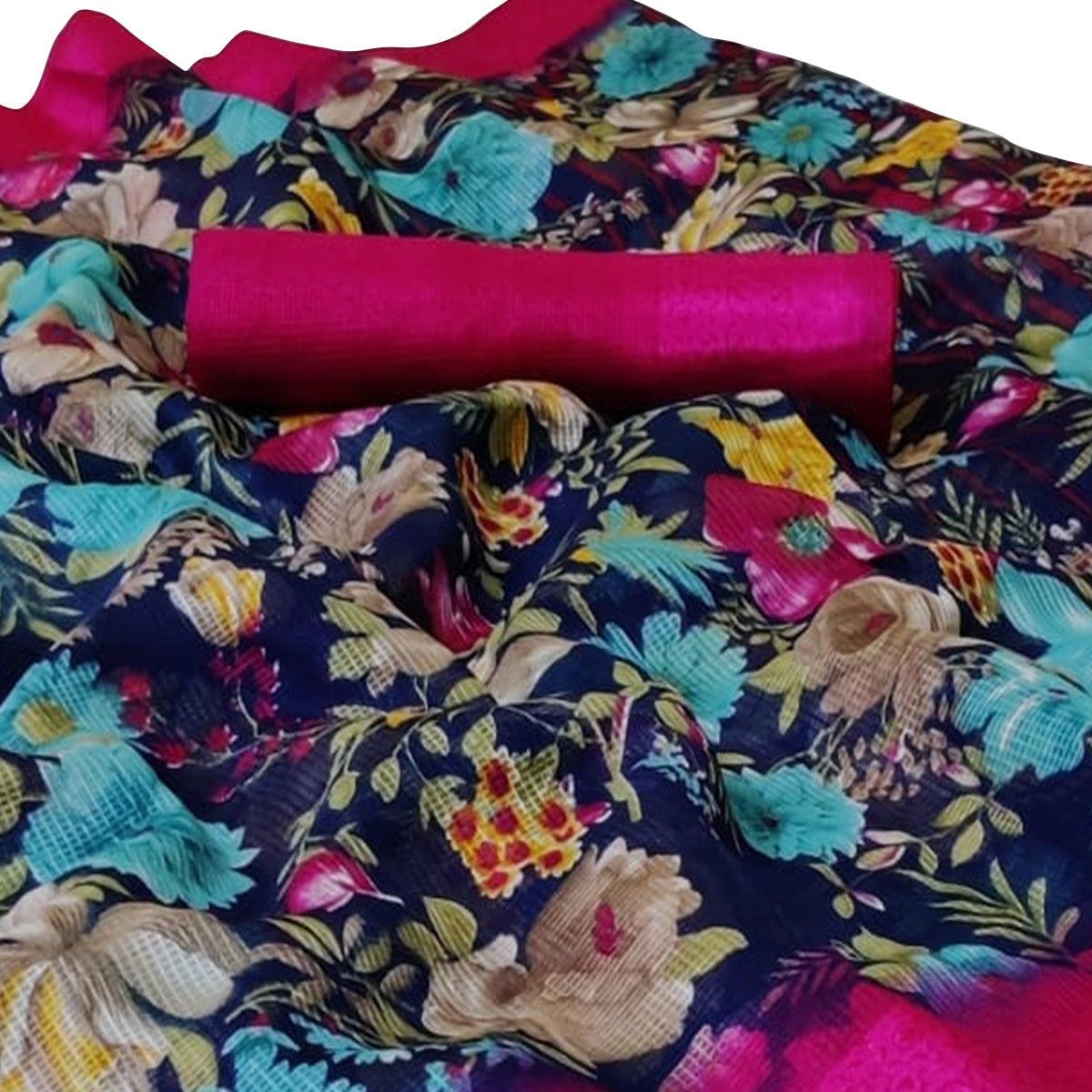 Gleaming Blue Colored Casual Wear Floral Printed Silk Saree