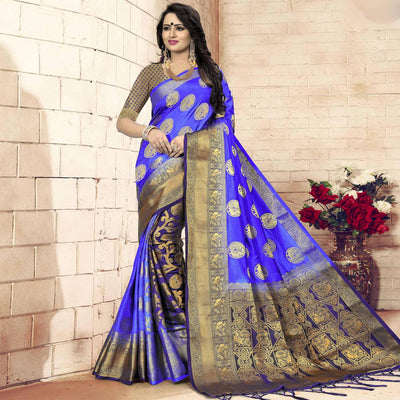 Gleaming Blue - Violet Colored Festive Wear Woven Art Silk Saree