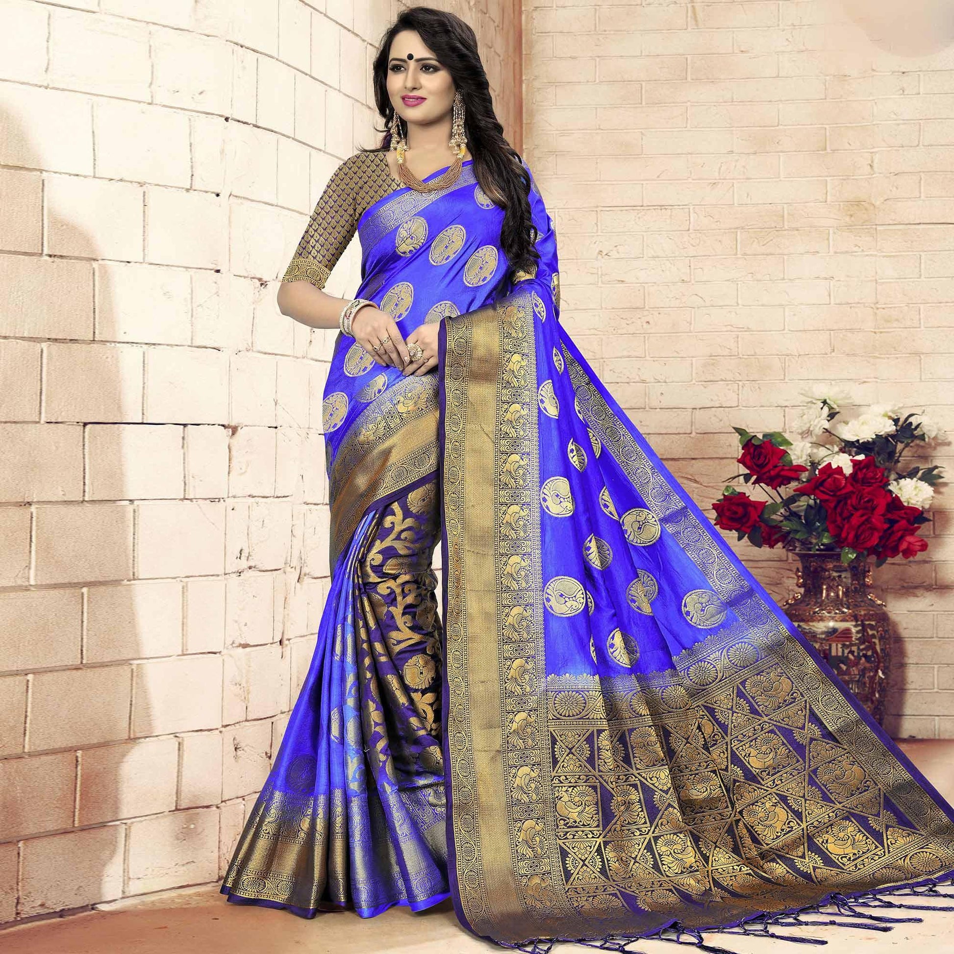 Gleaming Blue - Violet Colored Festive Wear Woven Art Silk Saree