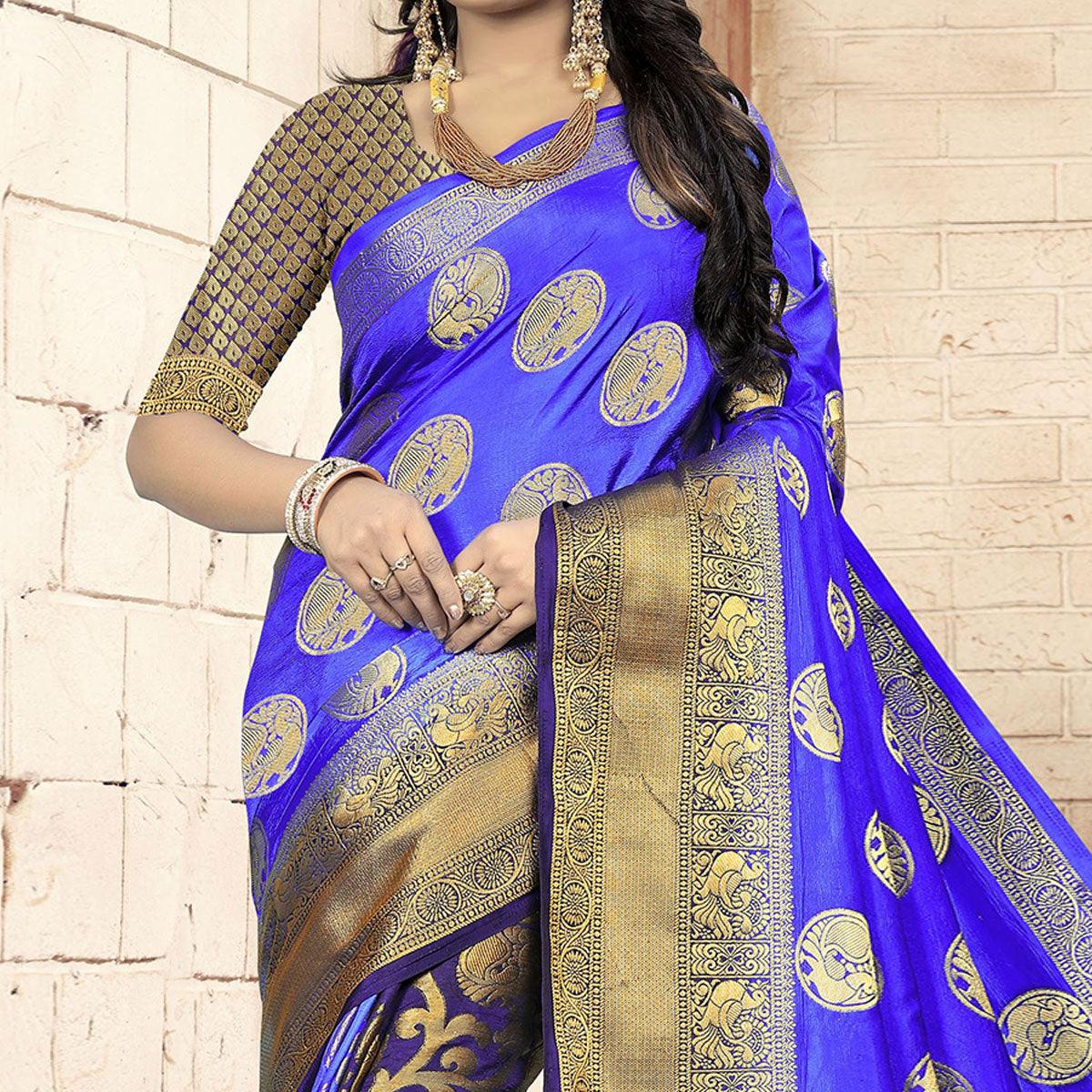 Gleaming Blue - Violet Colored Festive Wear Woven Art Silk Saree