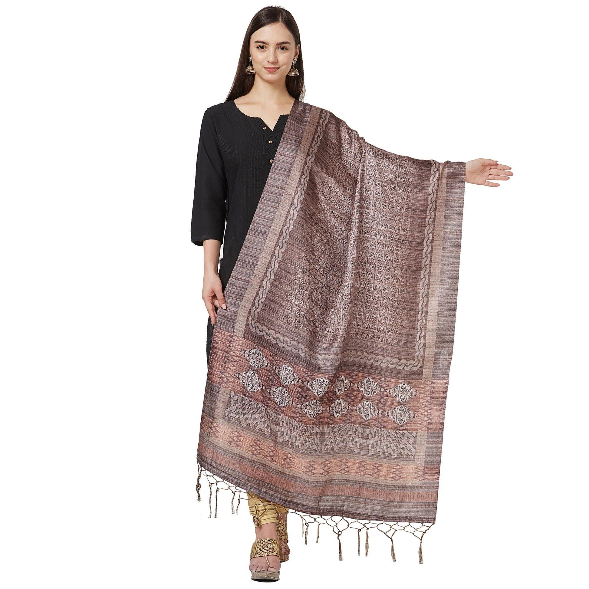 Gleaming Brown Colored Casual Printed Pashmina Silk Dupatta