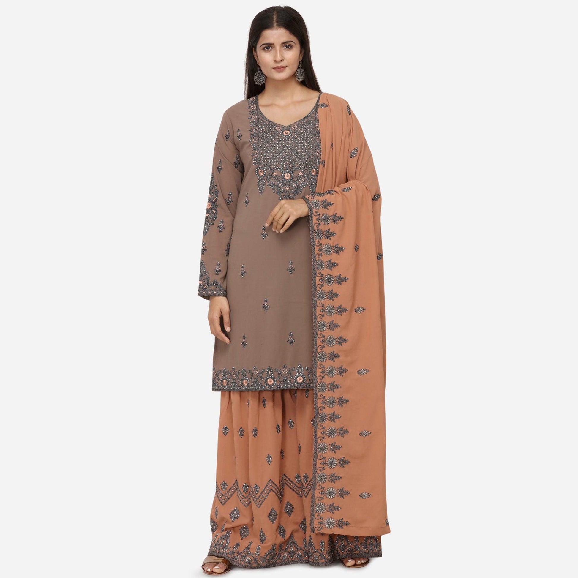 Gleaming Brown Colored Partywear Heavy Embroidered Georgette Sharara Style Suit
