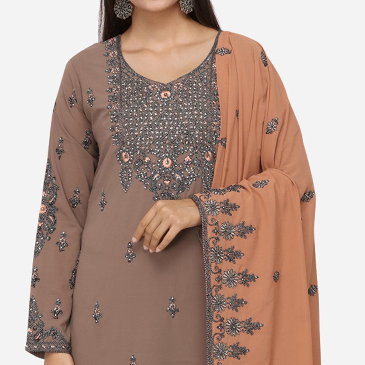 Gleaming Brown Colored Partywear Heavy Embroidered Georgette Sharara Style Suit