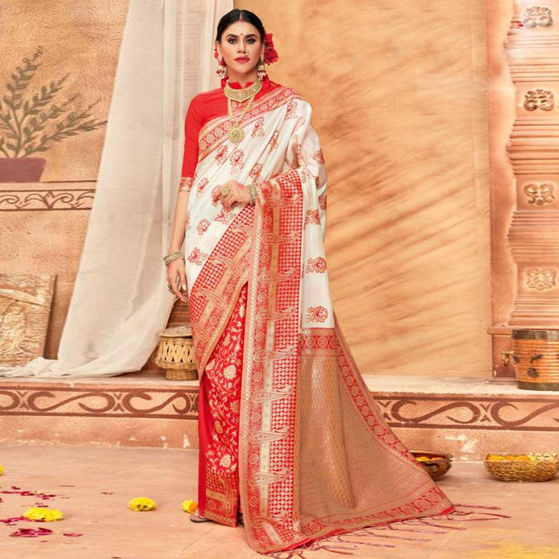 Gleaming Cream & Red Colored Festive Wear Woven Silk Blend Saree With Tassels