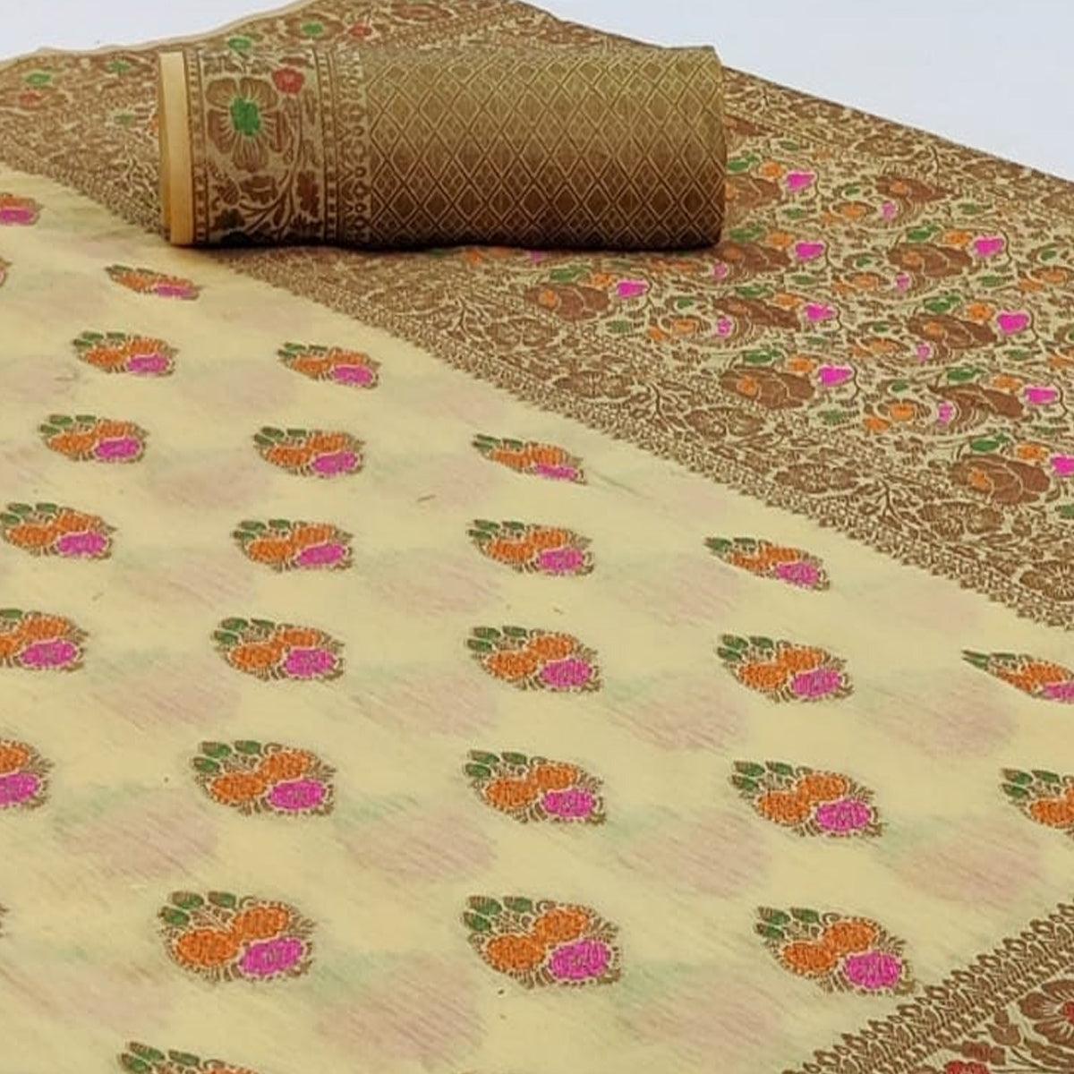 Gleaming Cream Colored Festive Wear Woven Cotton Saree