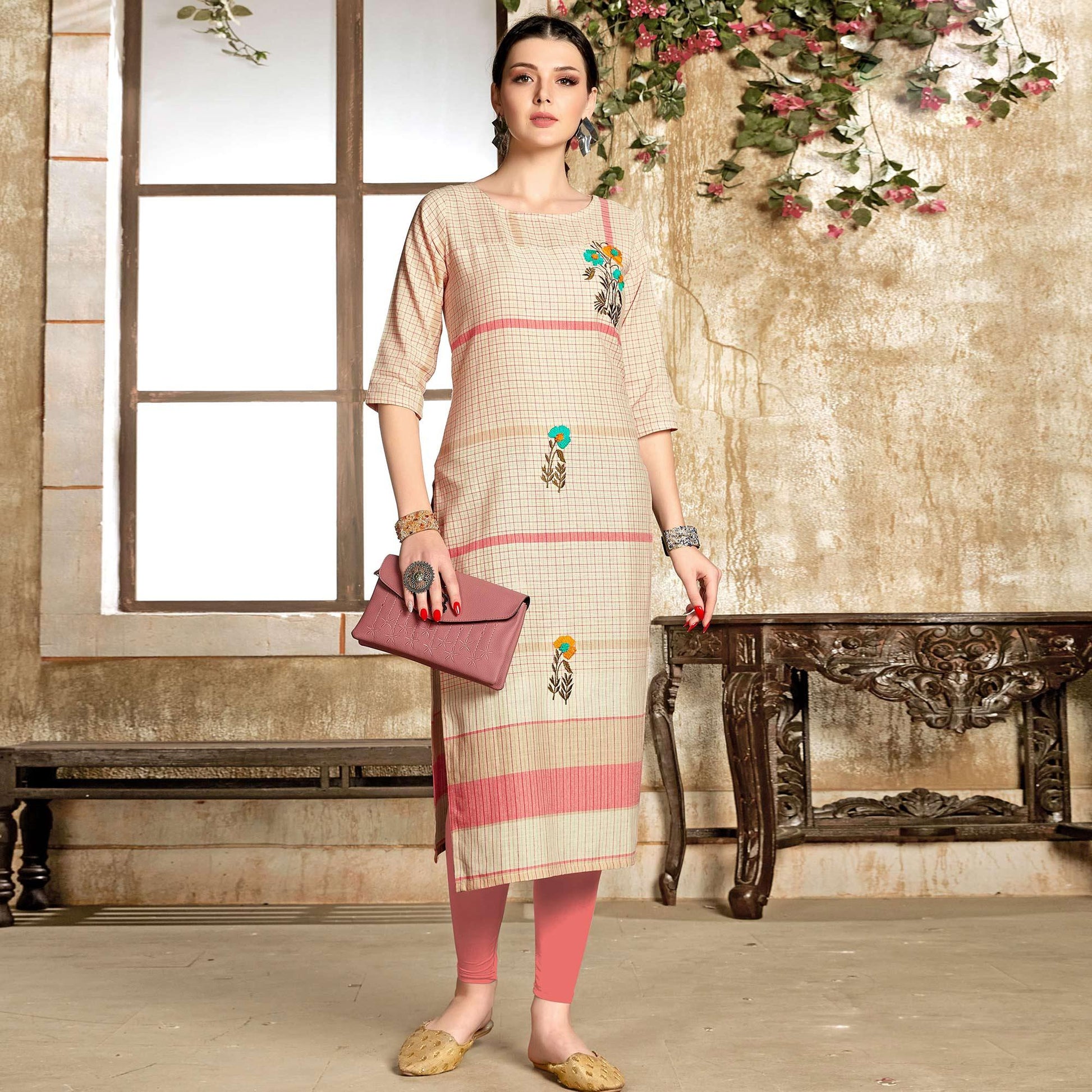 Gleaming Cream - Gajari Colored Casual Wear Embroidered Pure Cotton Kurti
