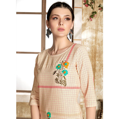 Gleaming Cream - Gajari Colored Casual Wear Embroidered Pure Cotton Kurti
