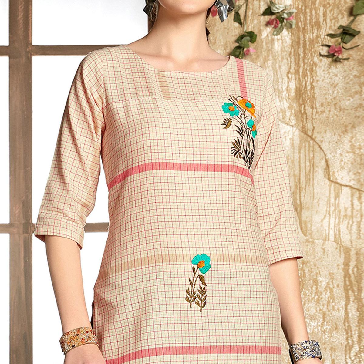 Gleaming Cream - Gajari Colored Casual Wear Embroidered Pure Cotton Kurti