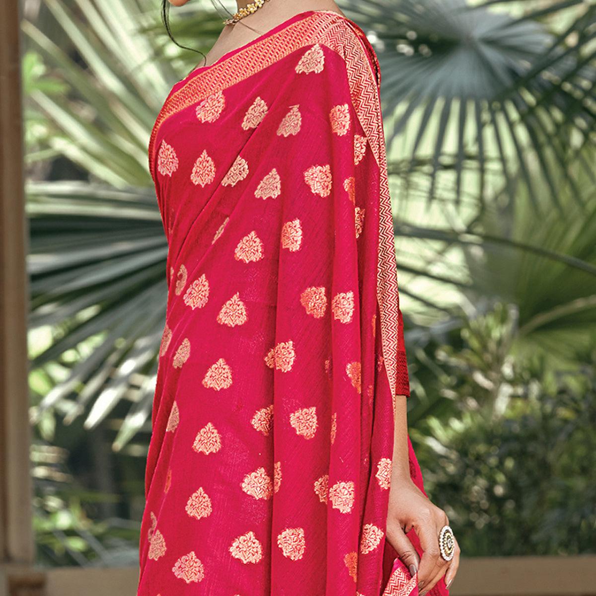 Gleaming Dark Pink Colored Festive Wear Woven Handloom Cotton Saree