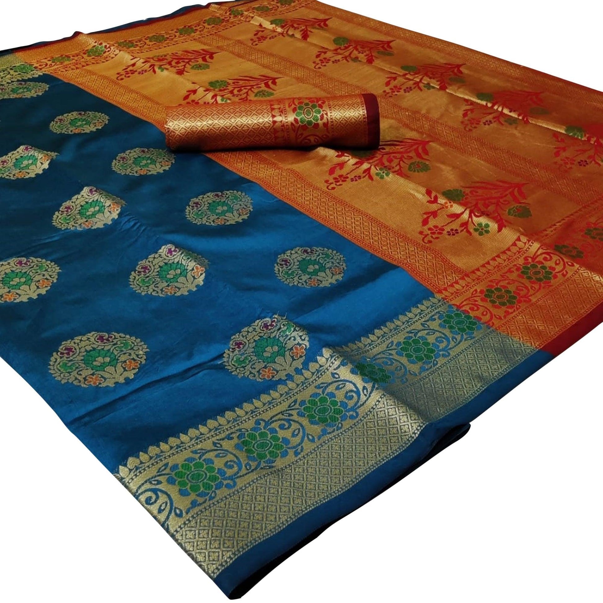 Gleaming Dark Sky Blue Colored Festive Wear Woven Silk Saree