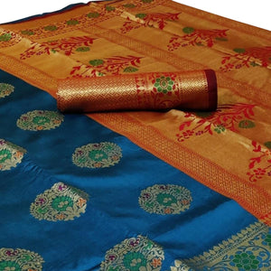 Gleaming Dark Sky Blue Colored Festive Wear Woven Silk Saree