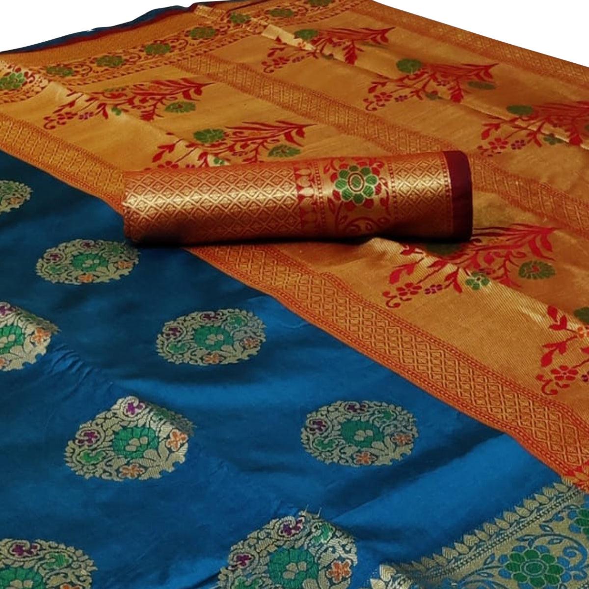 Gleaming Dark Sky Blue Colored Festive Wear Woven Silk Saree