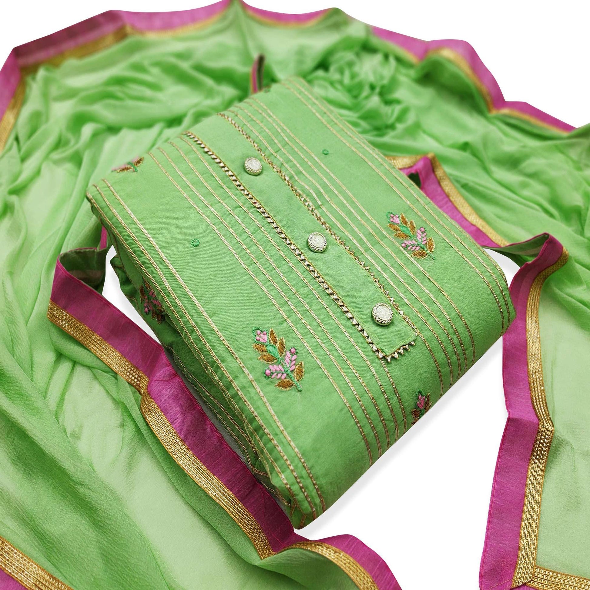 Gleaming Green Colored Casual Wear Embroidered Modal Dress Material
