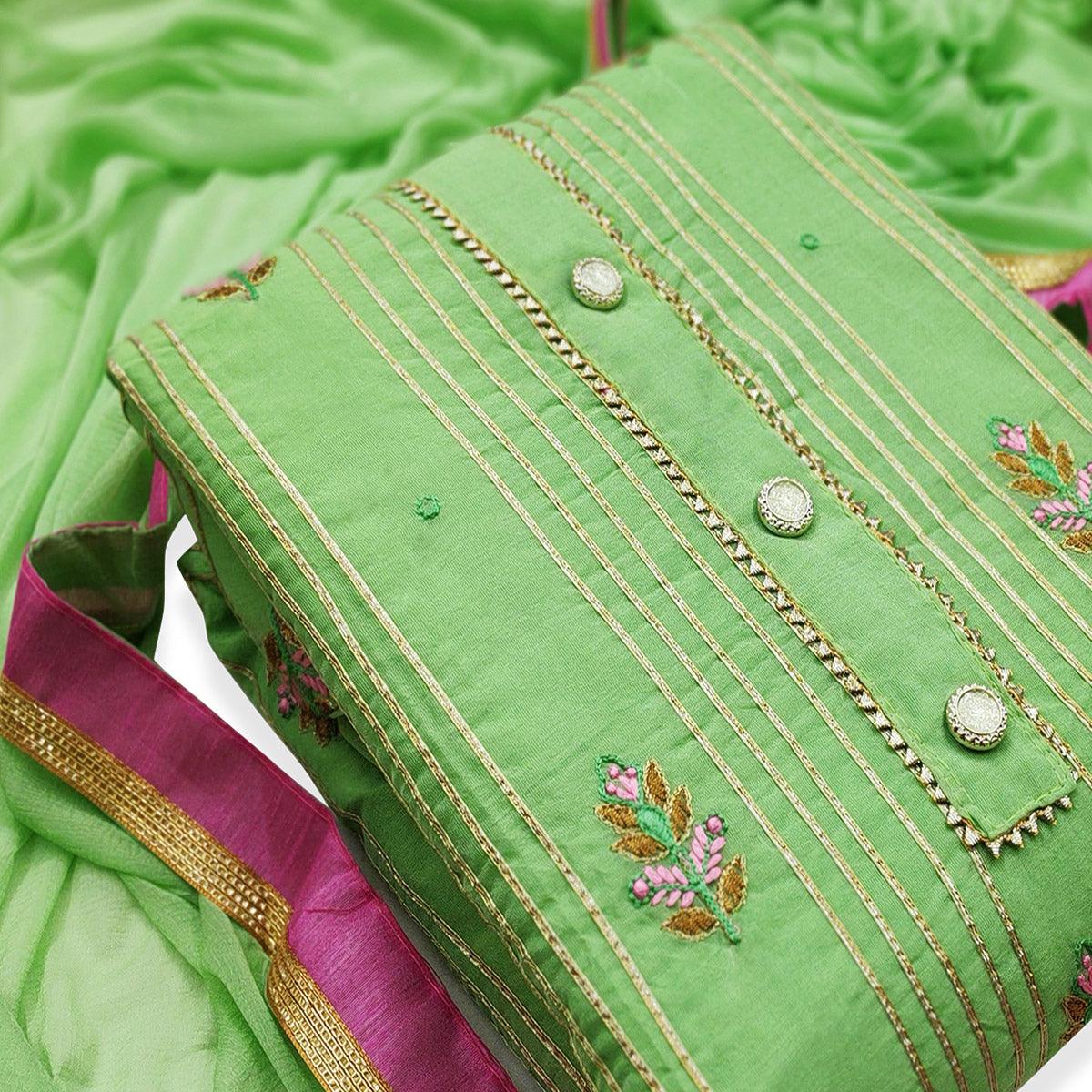 Gleaming Green Colored Casual Wear Embroidered Modal Dress Material