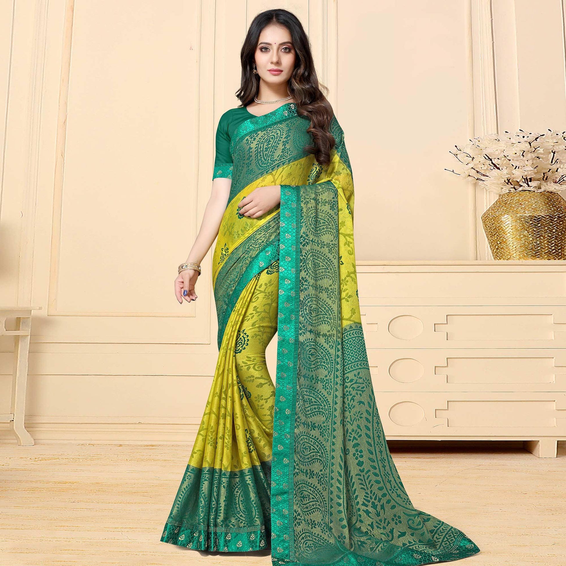 Gleaming Green Colored Festive Wear Printed Chiffon Brasso Saree