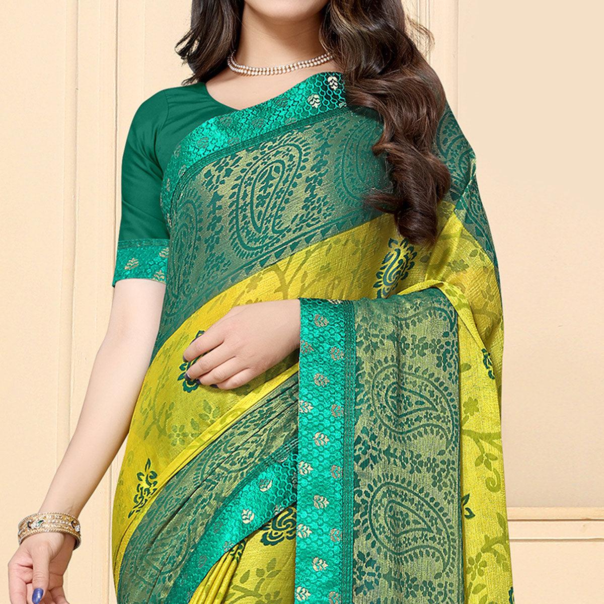 Gleaming Green Colored Festive Wear Printed Chiffon Brasso Saree