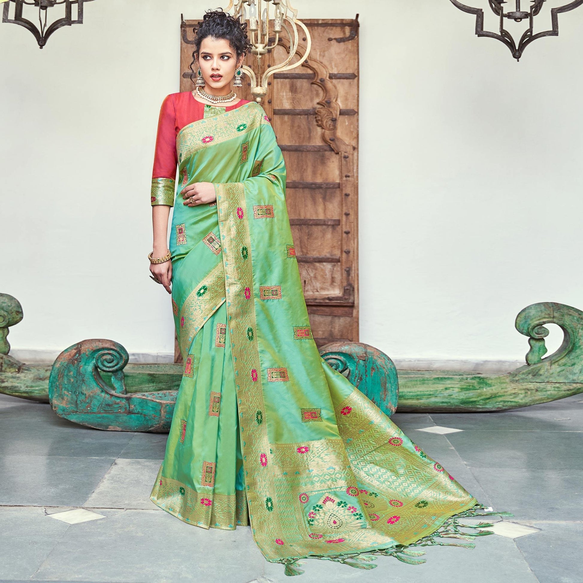 Gleaming Green Colored Festive Wear Woven Banarasi Silk Saree
