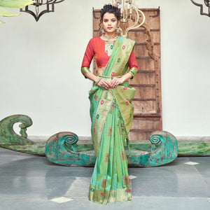 Gleaming Green Colored Festive Wear Woven Banarasi Silk Saree