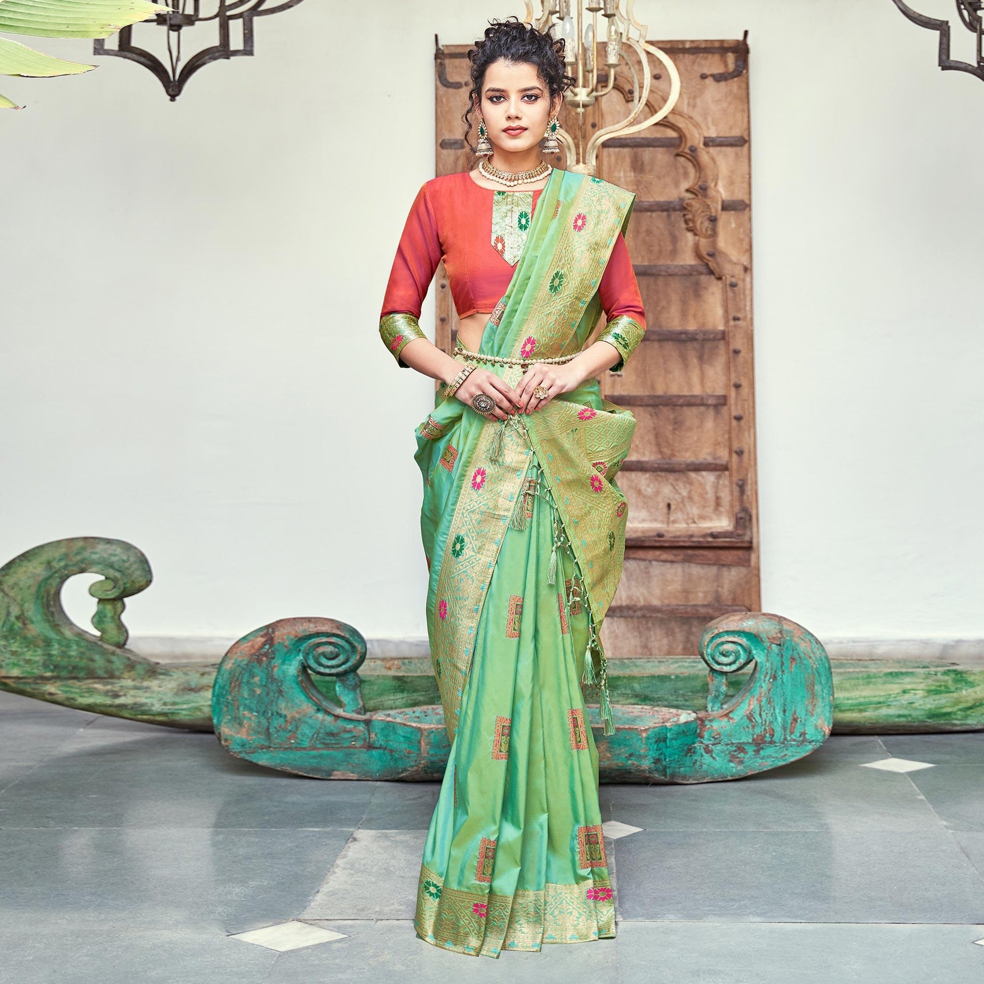 Gleaming Green Colored Festive Wear Woven Banarasi Silk Saree