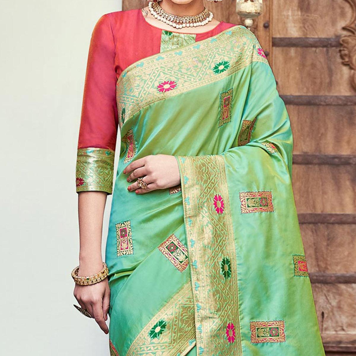 Gleaming Green Colored Festive Wear Woven Banarasi Silk Saree