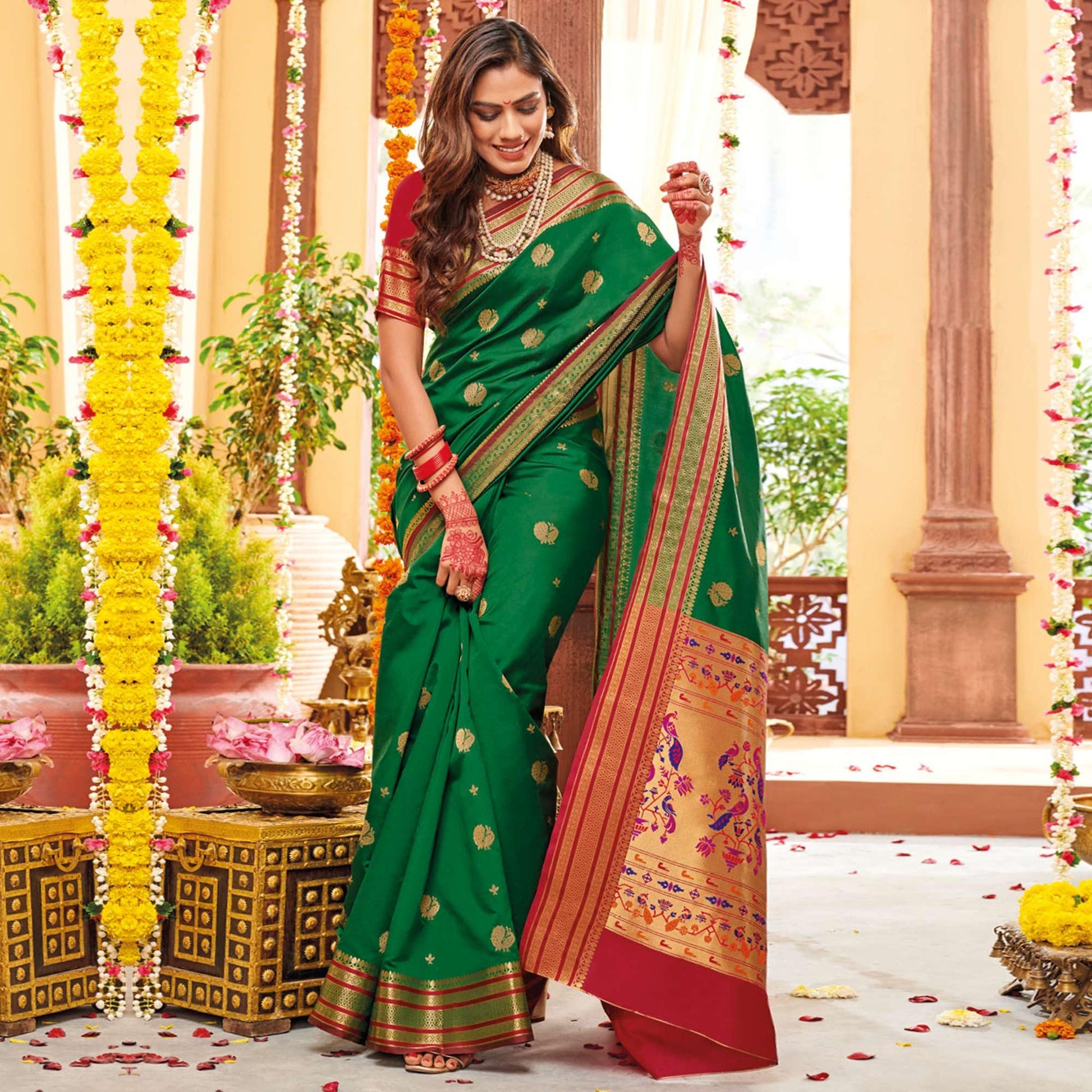 Gleaming Green Colored Festive Wear Woven Silk Saree