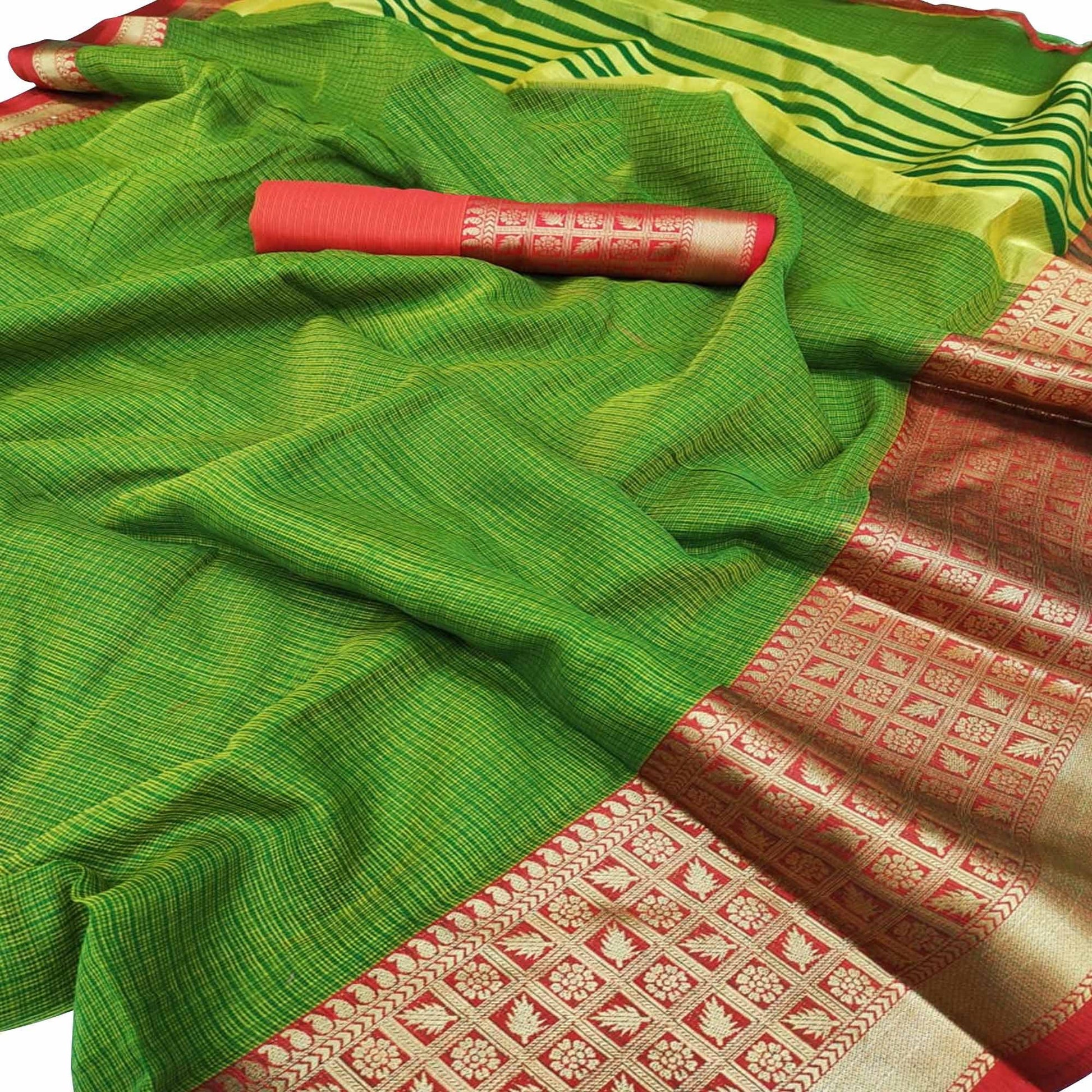 Gleaming Green Colored Festive Wear Woven Silk Saree
