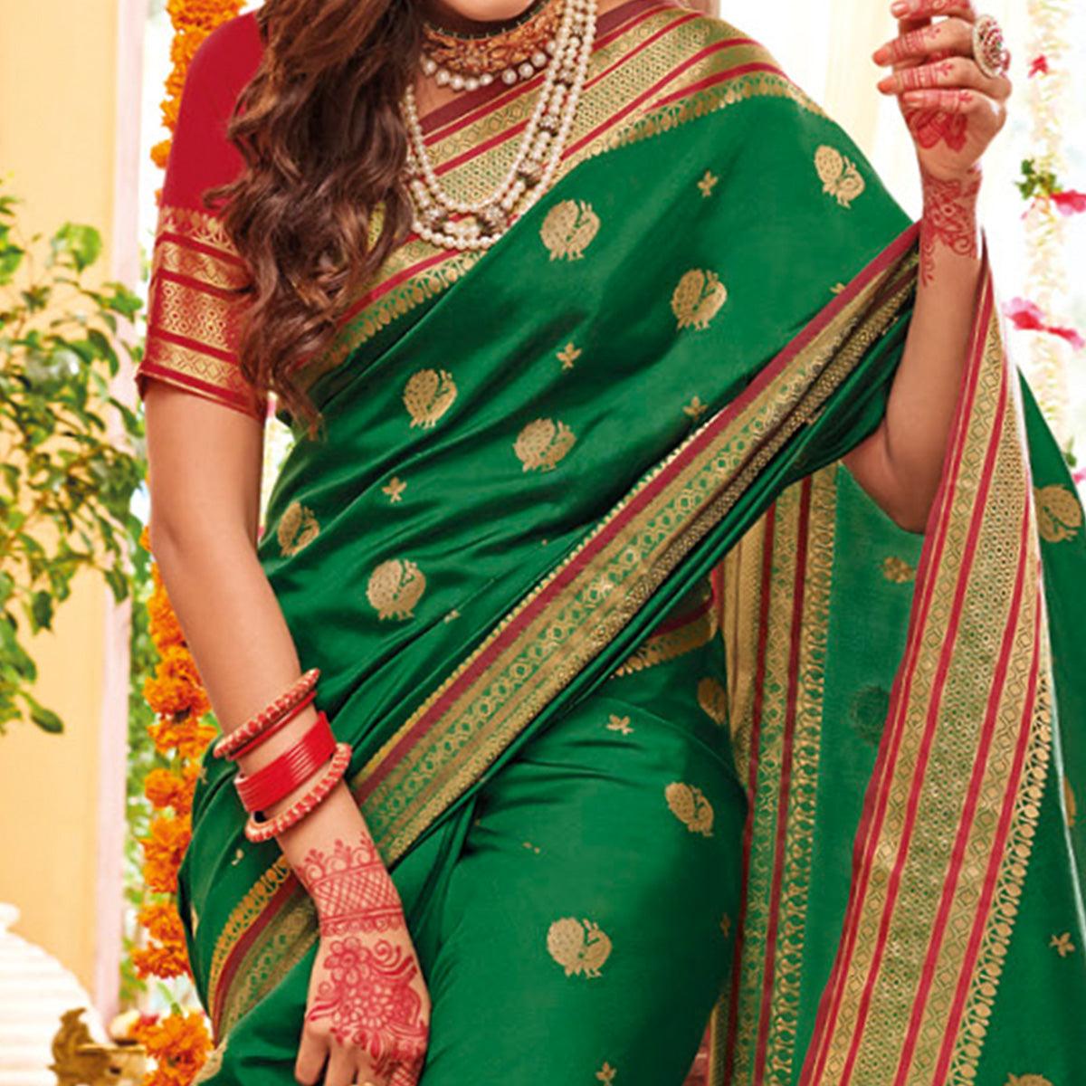 Gleaming Green Colored Festive Wear Woven Silk Saree
