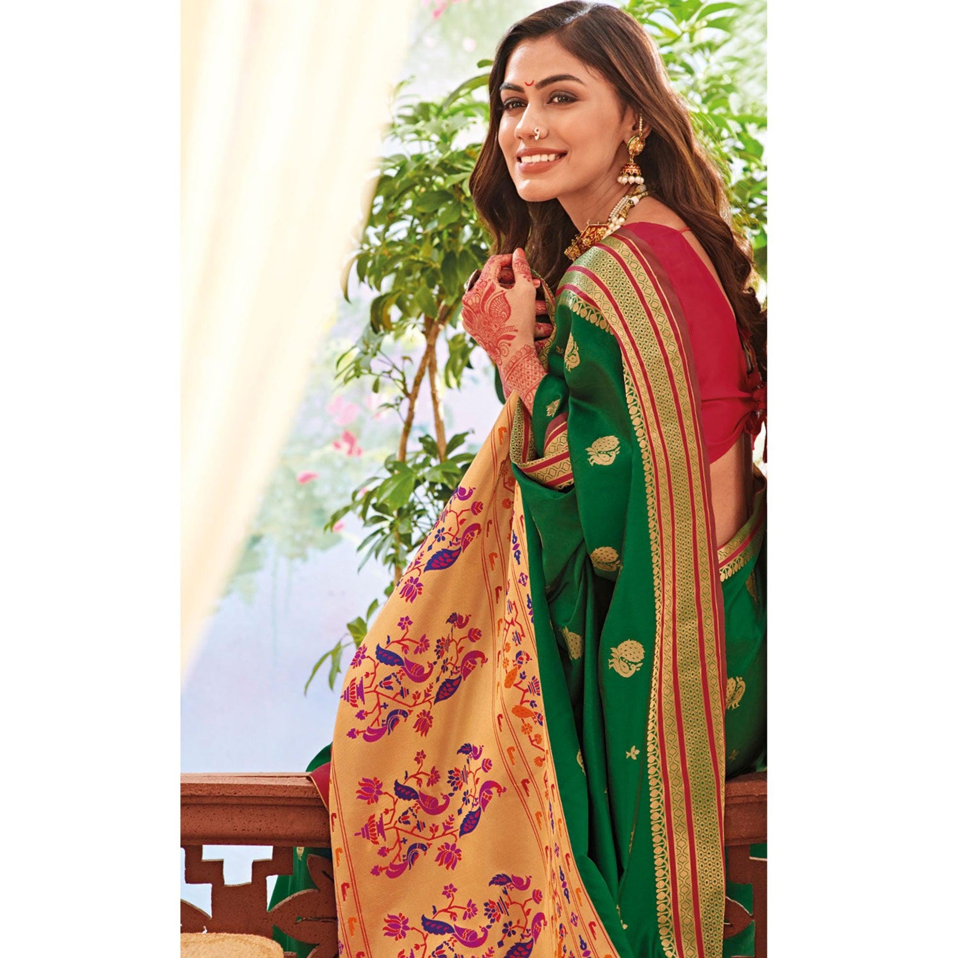 Gleaming Green Colored Festive Wear Woven Silk Saree