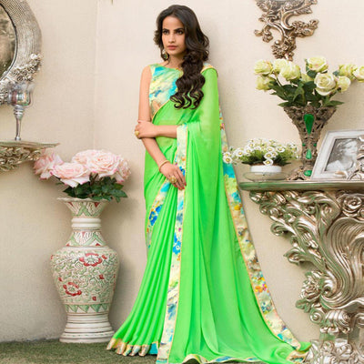 Gleaming Green Colored Partywear Printed Chiffon Saree