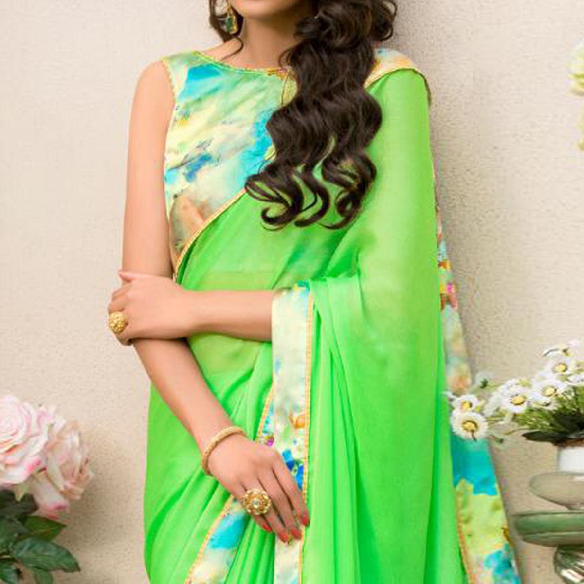 Gleaming Green Colored Partywear Printed Chiffon Saree