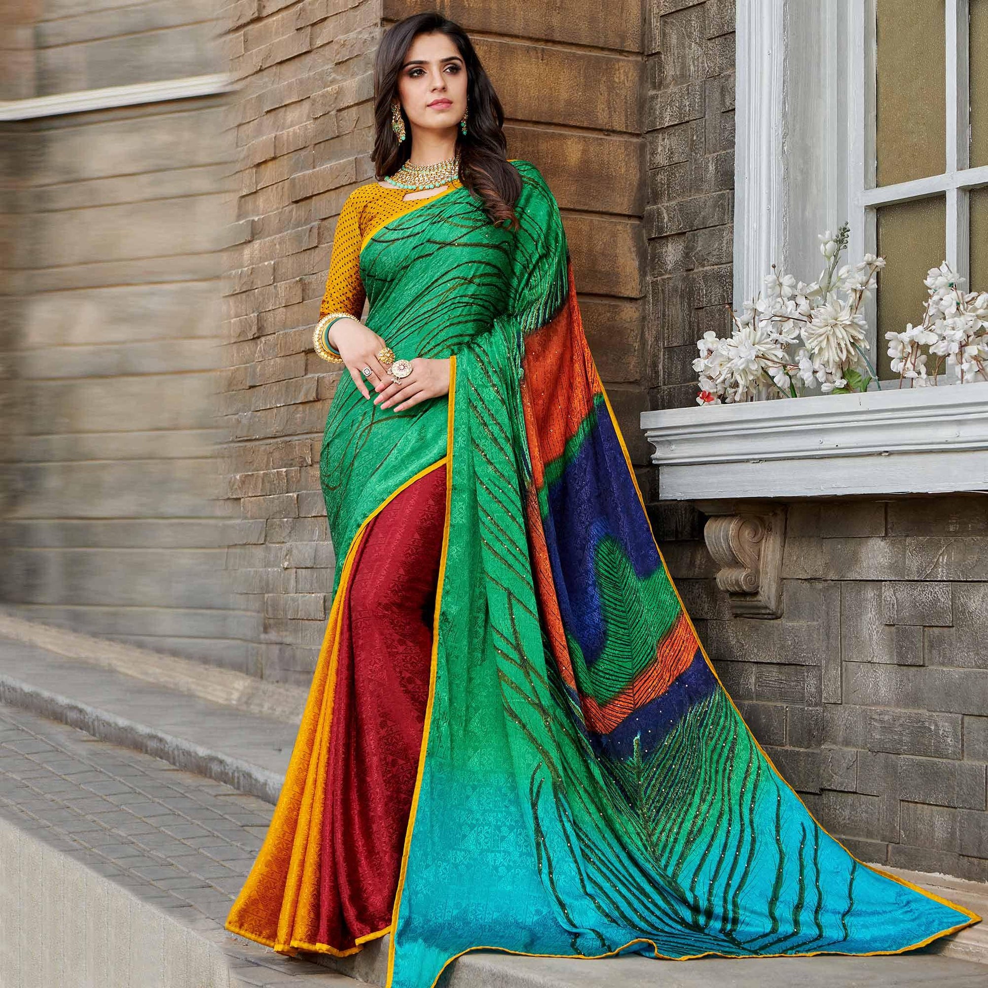 Gleaming Green - Multi Colored Partywear Peacock Printed Silk Crepe Saree