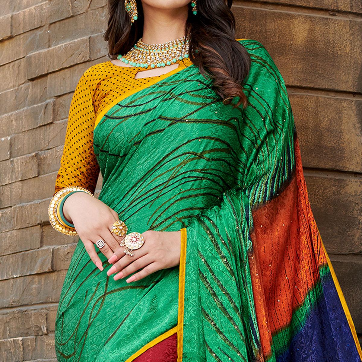 Gleaming Green - Multi Colored Partywear Peacock Printed Silk Crepe Saree
