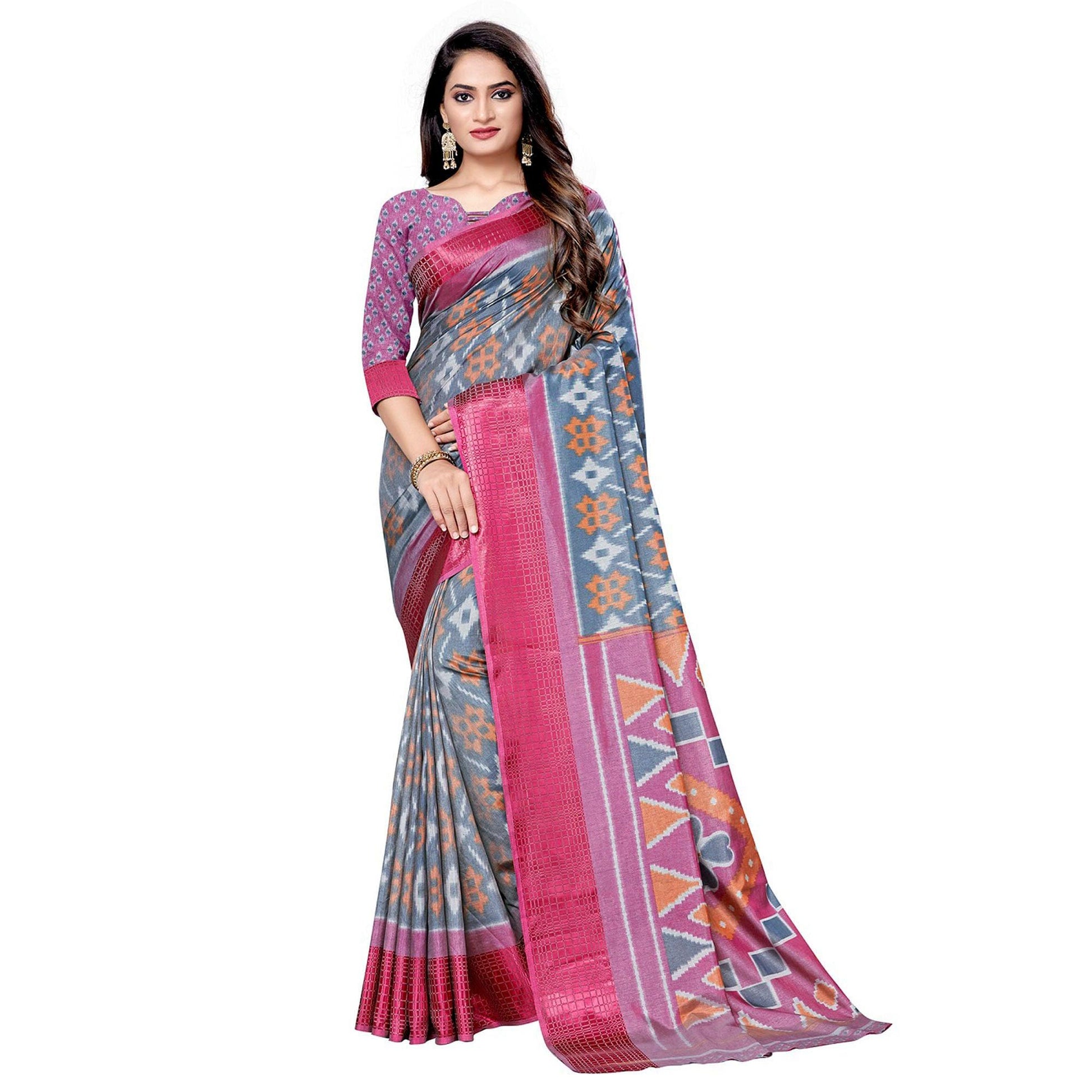 Gleaming Grey Colored Casual Wear Printed Art Silk Saree
