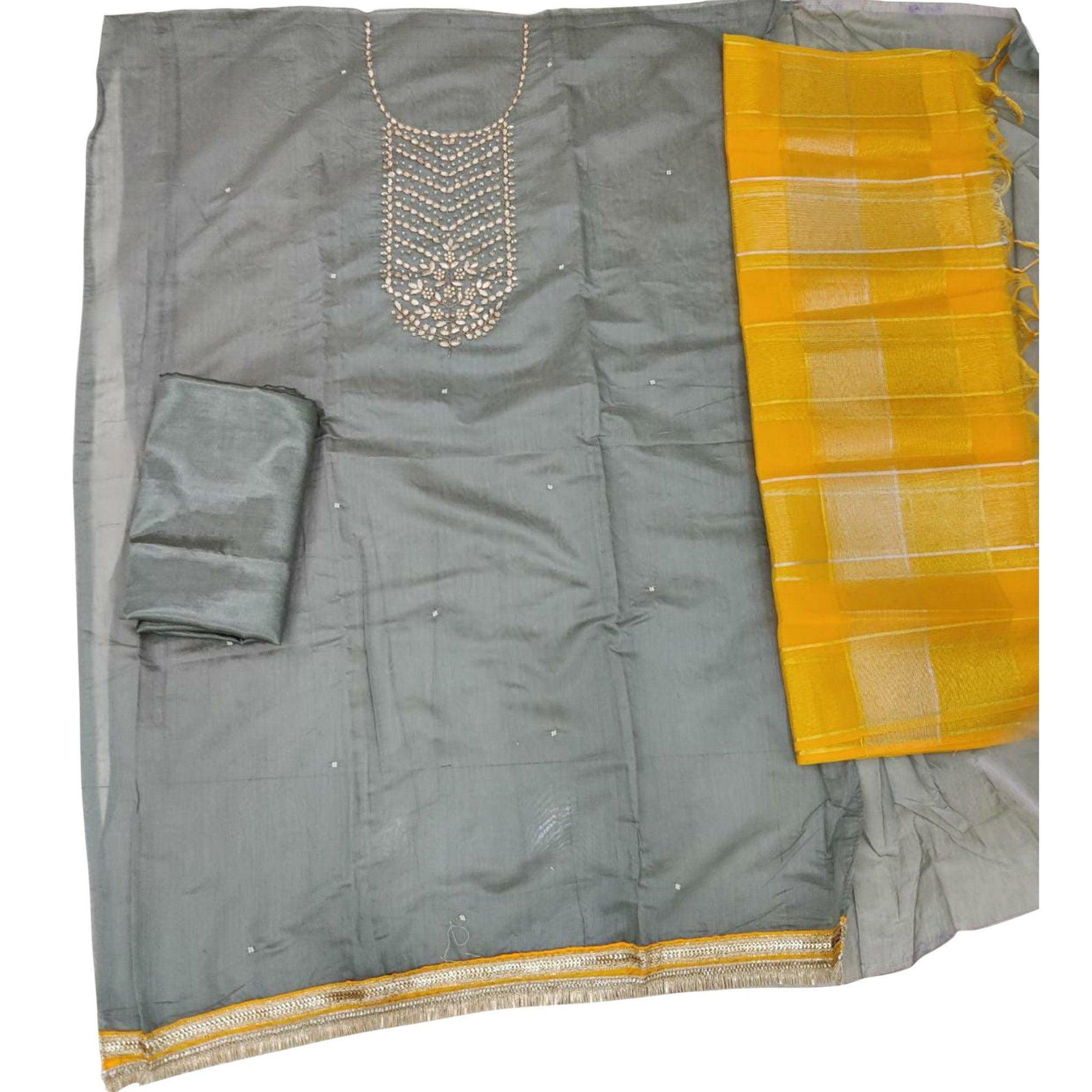 Gleaming Grey Colored Festive Wear Handwork Modal Chanderi Dress Material