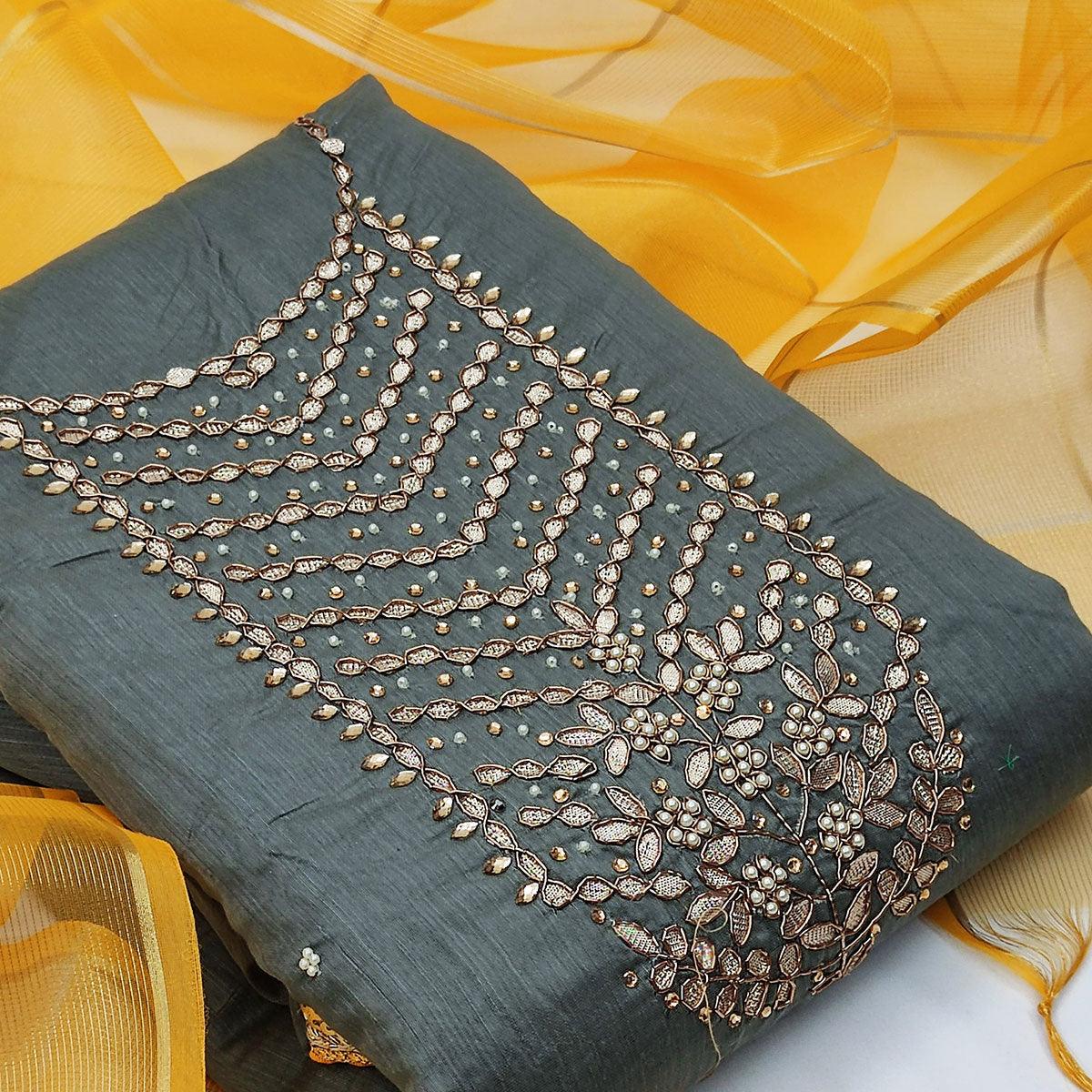Gleaming Grey Colored Festive Wear Handwork Modal Chanderi Dress Material